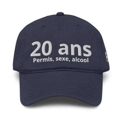 Casquette Baseball, brodée « 20 ans, Permis, sexe, alcool », en Bleu Marine, vue de face, image 10