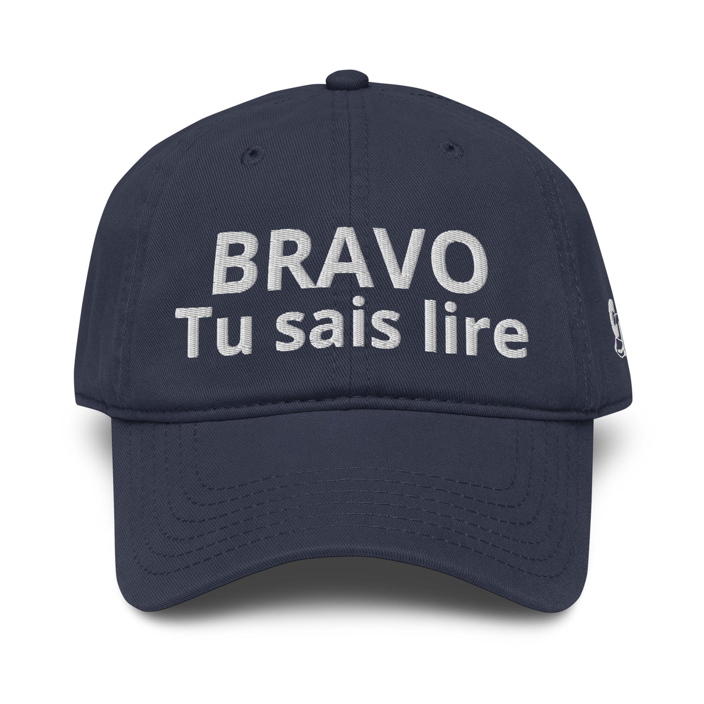 Casquette Baseball, brodée « Bravo tu sais lire », en Bleu Marine, vue de face, image 10