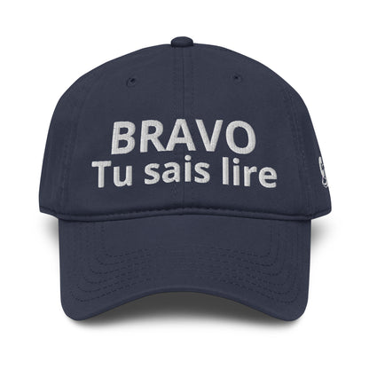 Casquette Baseball, brodée « Bravo tu sais lire », en Bleu Marine, vue de face, image 10