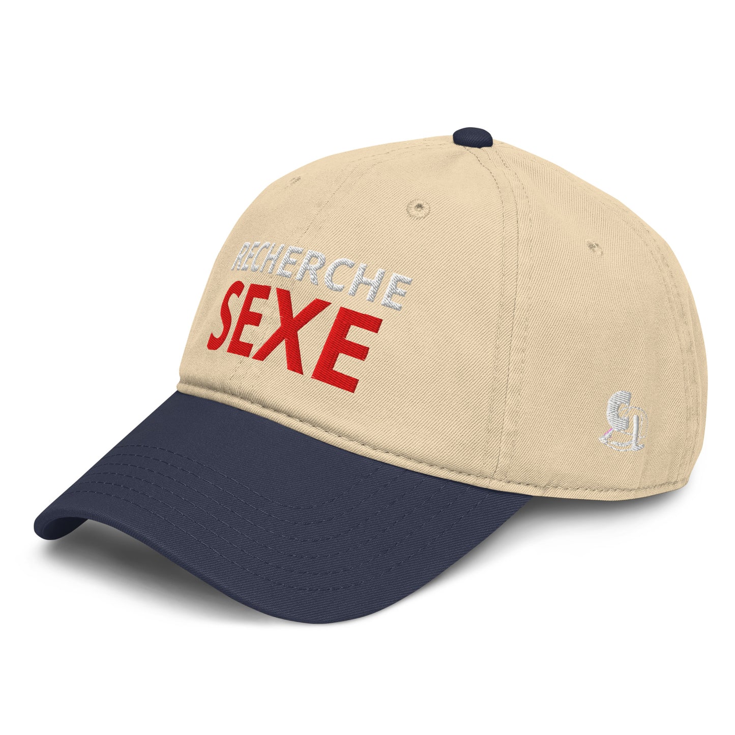 Casquette Baseball, brodée « Recherche SEXE », en Bleu Marine, vue de trois quarts, image 4