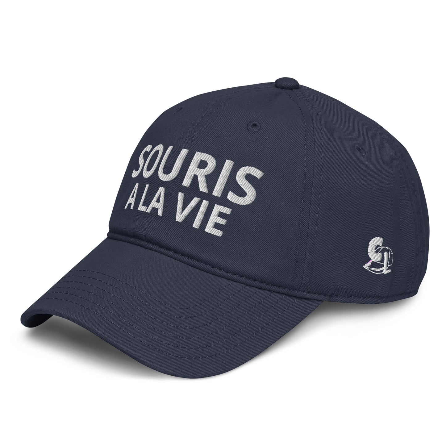 Casquette Baseball, brodée « Souris à la vie », en Bleu Marine, vue de trois quarts, image 3
