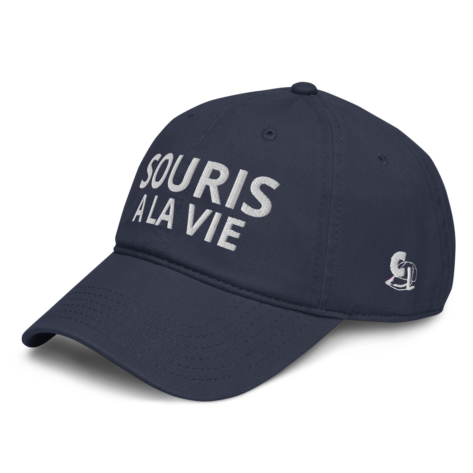 Casquette Baseball, brodée « Souris à la vie », en Bleu Marine, vue de trois quarts, image 3