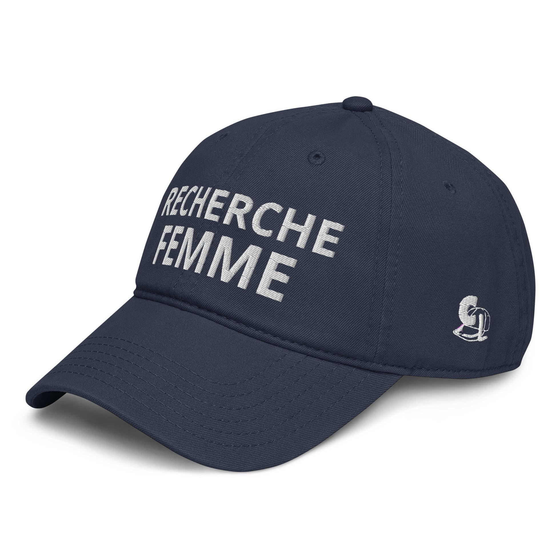 Casquette Baseball, brodée « Recherche Femme », en Bleu Marine, vue de trois quarts, image 4