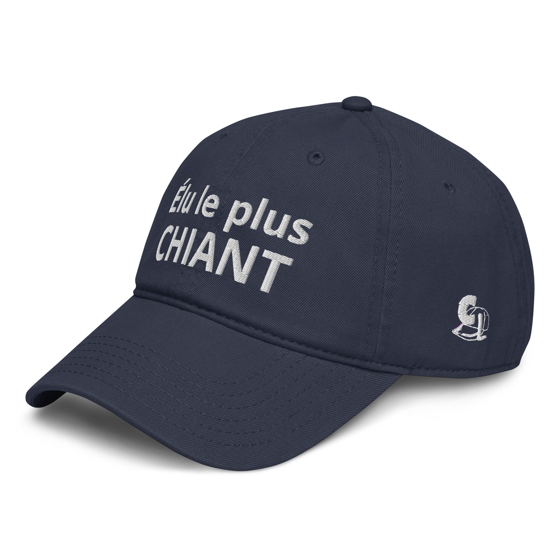 Casquette Baseball, brodée « Élu le plus chiant », en Bleu Marine, vue de trois quarts