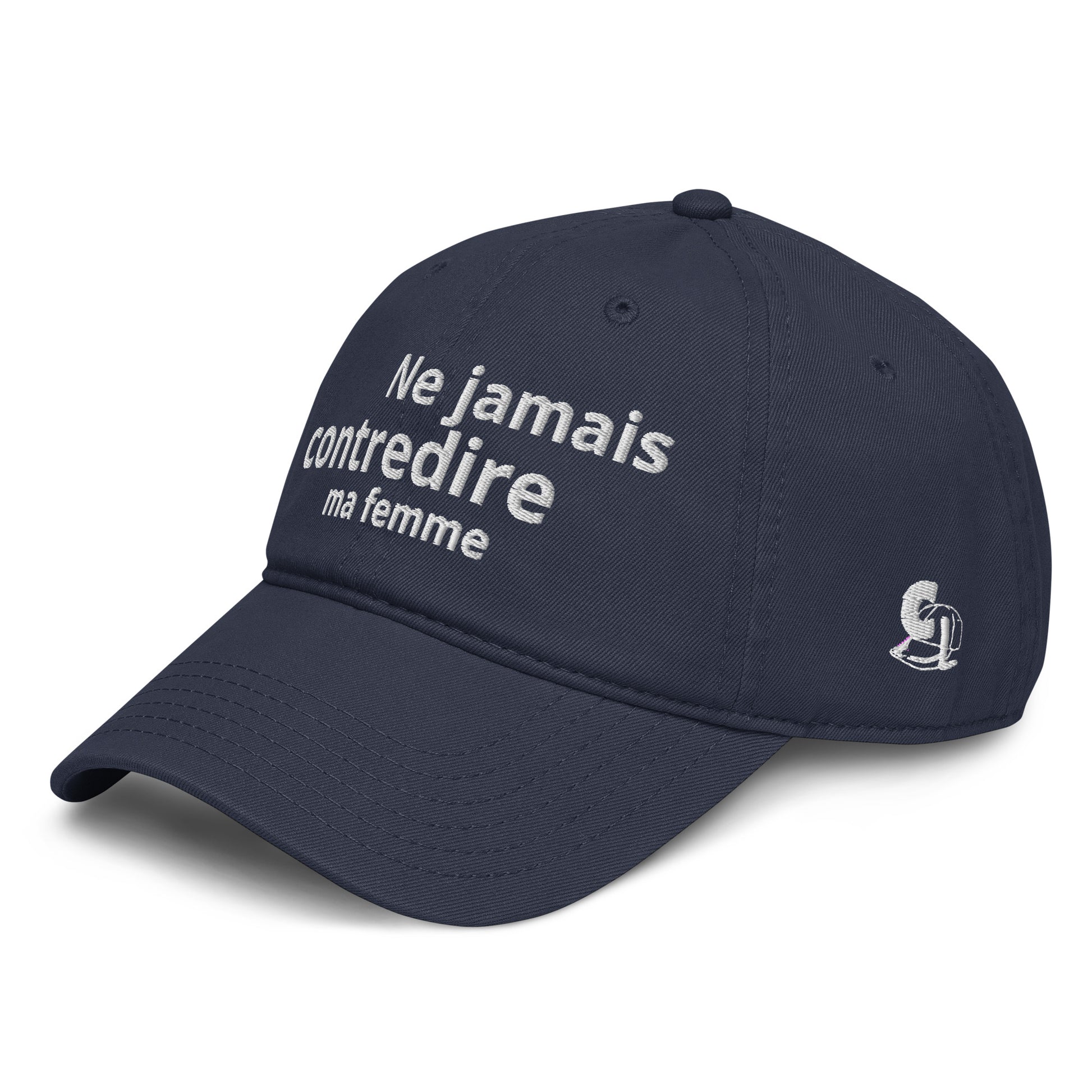 Casquette Baseball, brodée « Ne jamais contredire ma femme », en Bleu Marine, vue de trois quarts, image 3