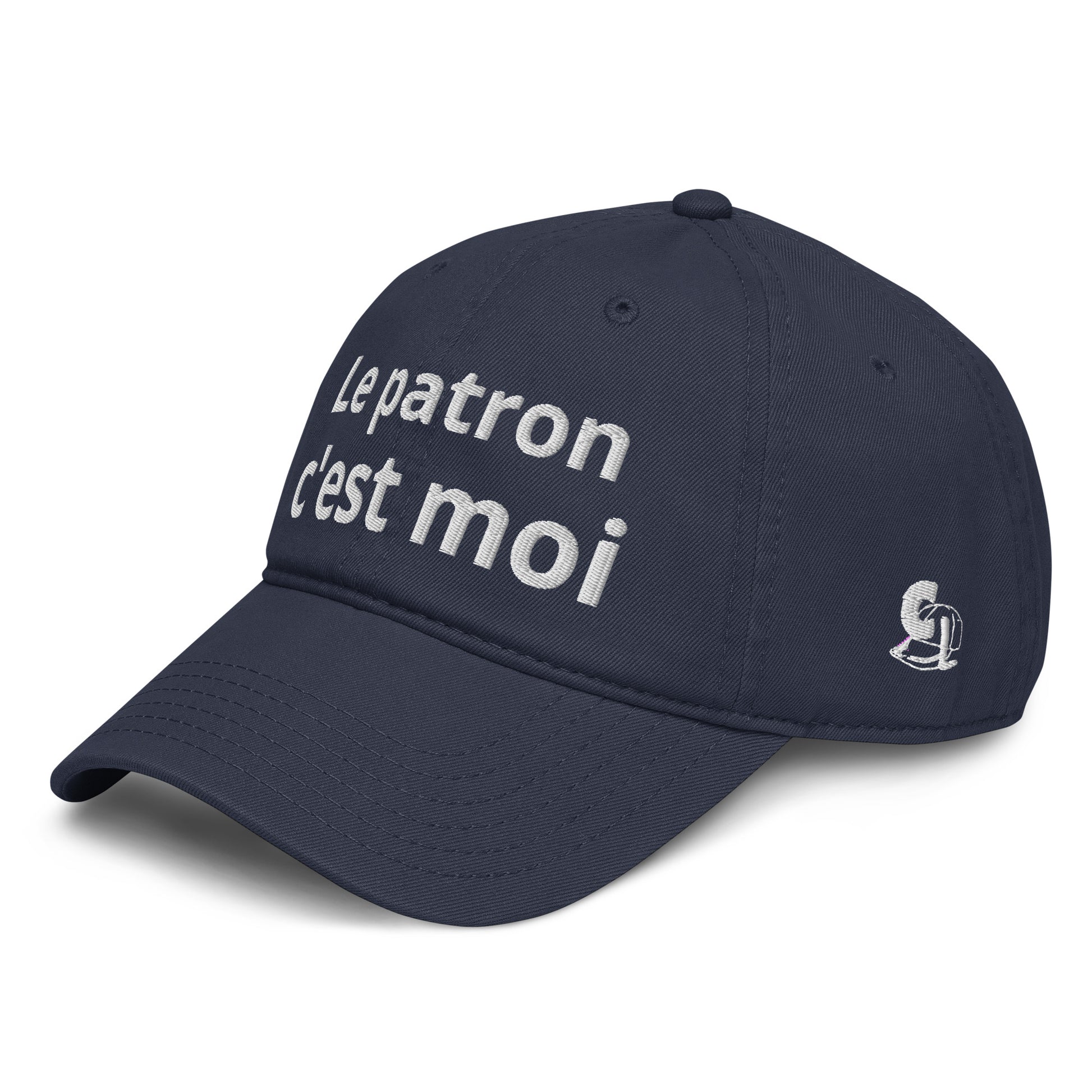 Casquette Baseball, brodée « Le patron c'est moi », en Bleu Marine, vue de trois quarts, image 3