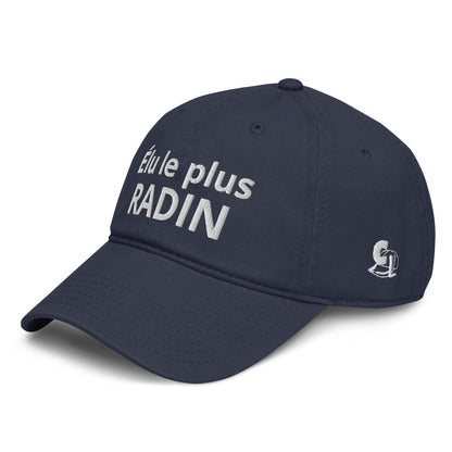 Casquette Baseball, brodée « Élu le plus radin », en Bleu Marine, vue de trois quarts, image 2