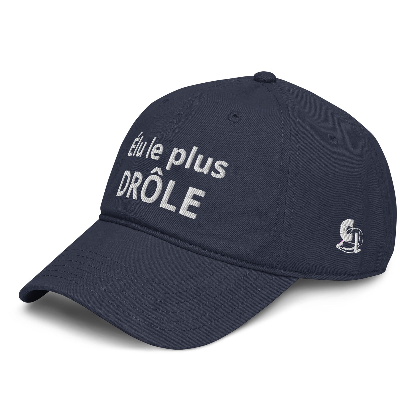 Casquette Baseball, brodée « Élu le plus drôle », en Bleu Marine, vue de trois quarts