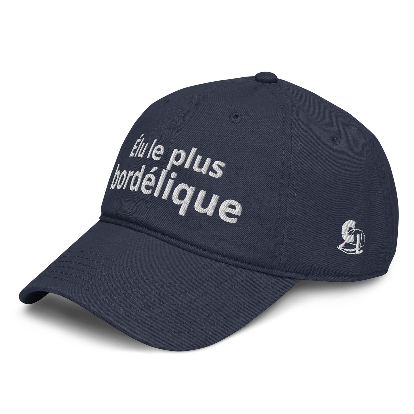 Casquette Baseball, brodée « Élu le plus bordélique », en Bleu Marine, vue de trois quarts, image 2