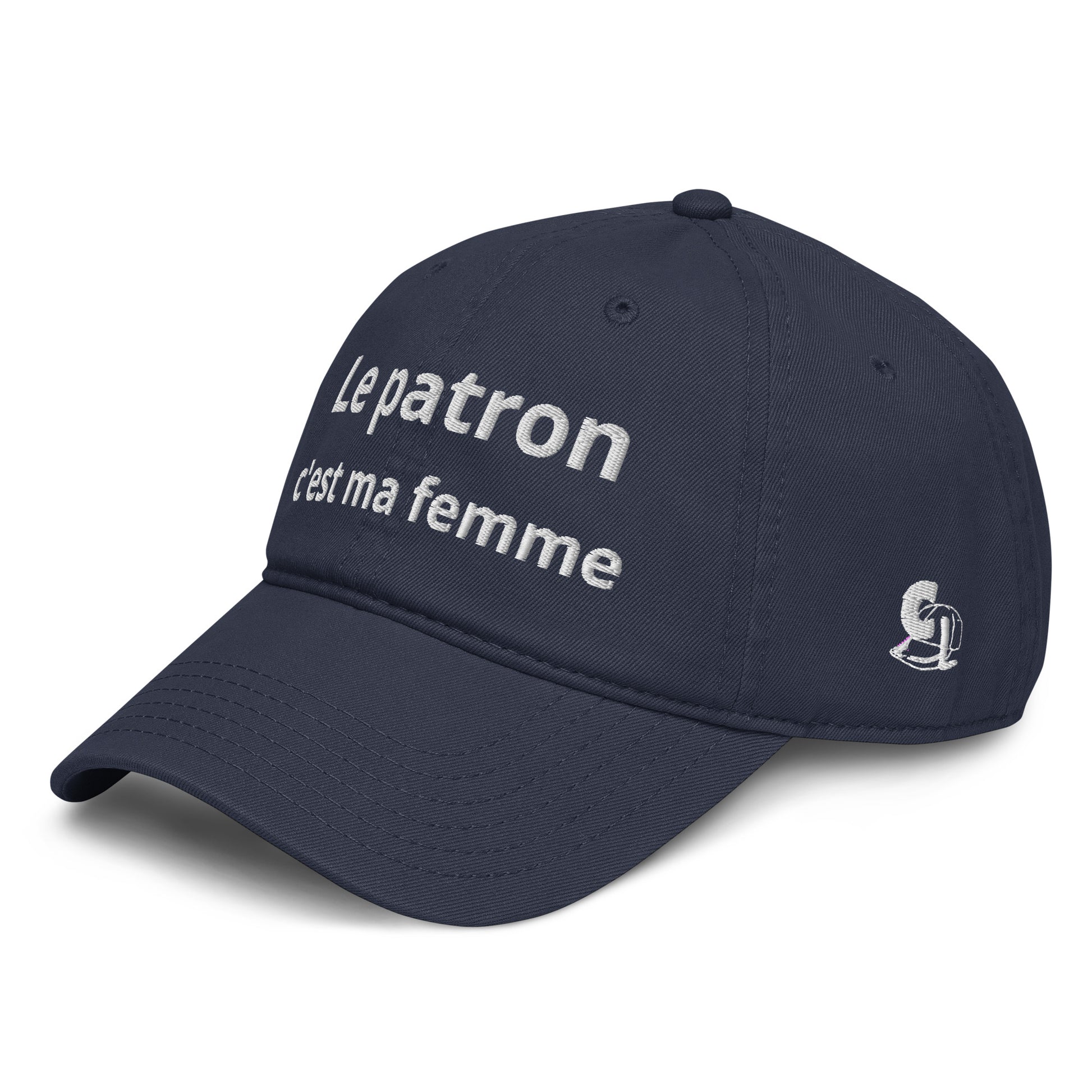 Casquette Baseball, brodée « Le patron c'est ma femme », en Bleu Marine, vue de trois quarts, image 2