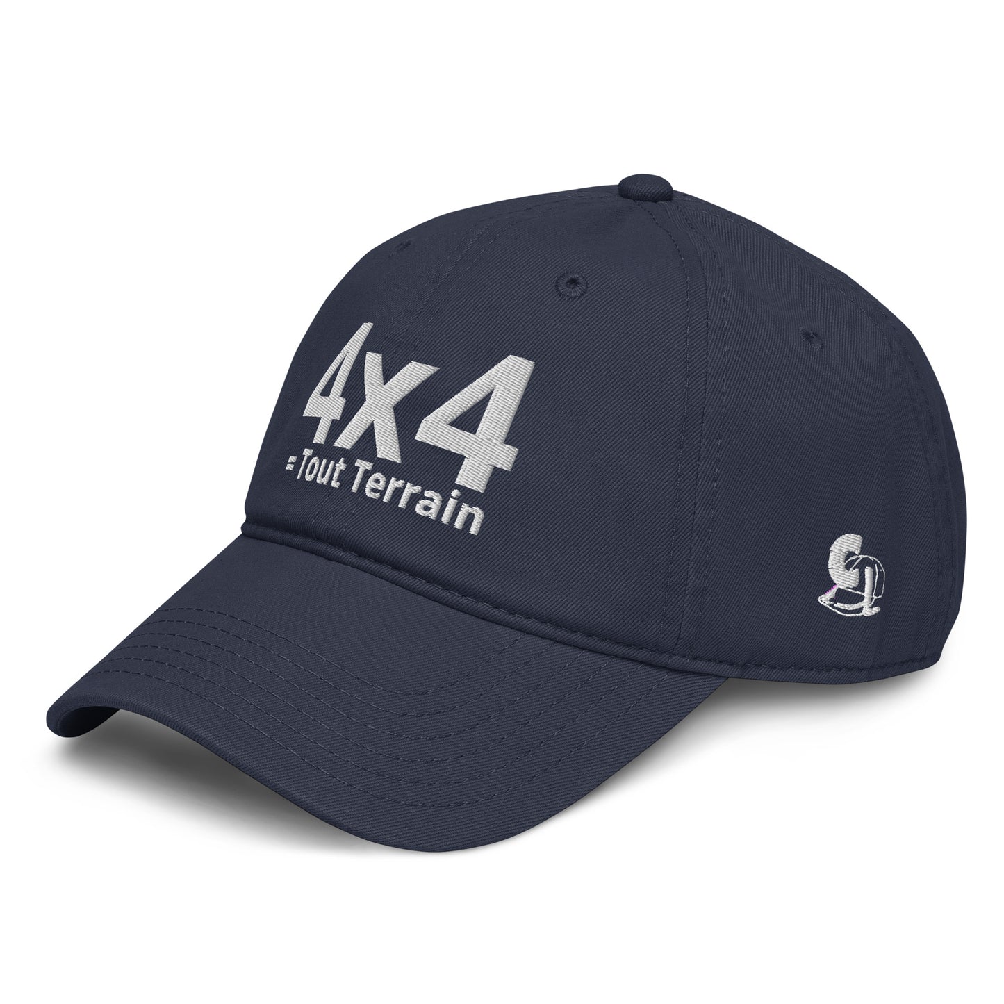 Casquette Baseball, brodée « 4x4 = Tout Terrain », en Bleu Marine, vue de trois quarts, image 3