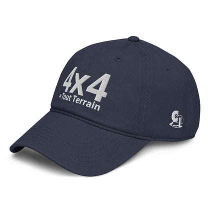 Casquette Baseball, brodée « 4x4 = Tout Terrain », en Bleu Marine, vue de trois quarts, image 3