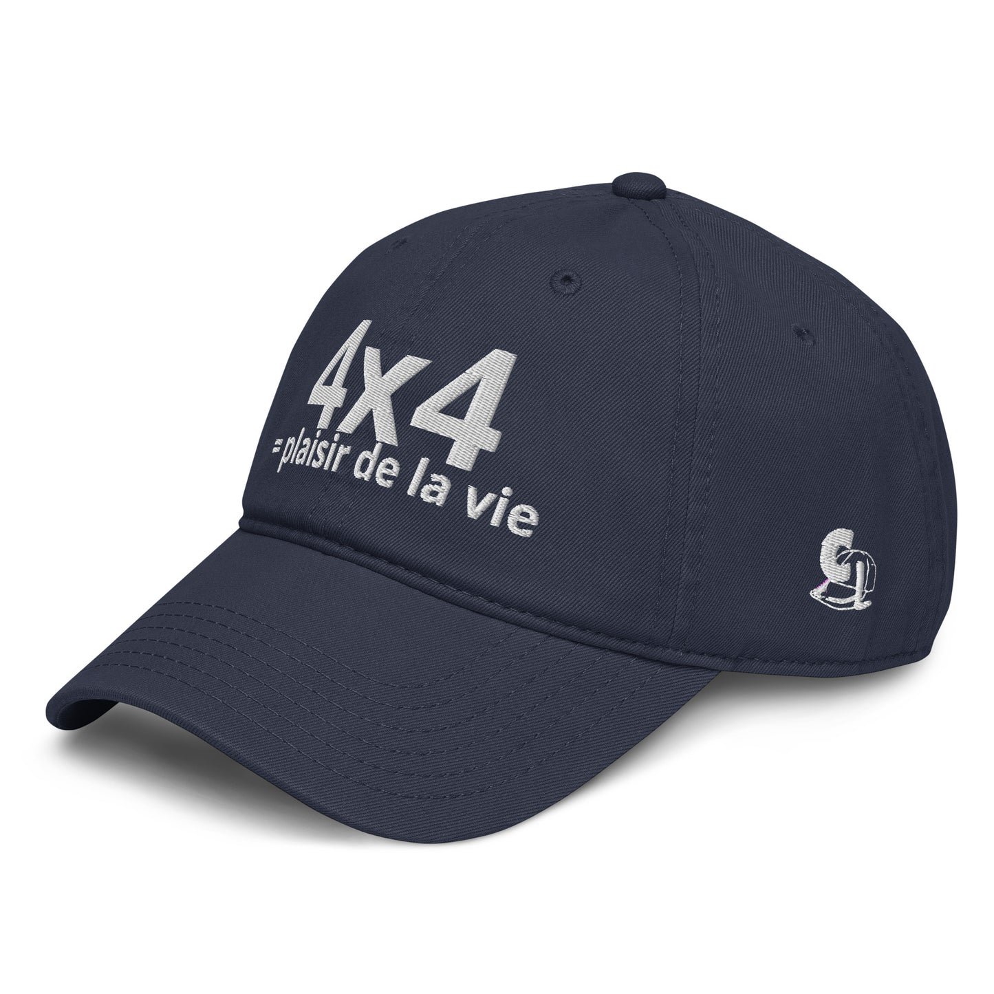 Casquette Baseball, brodée « 4x4 = plaisir de la vie », en Bleu Marine, vue de trois quarts