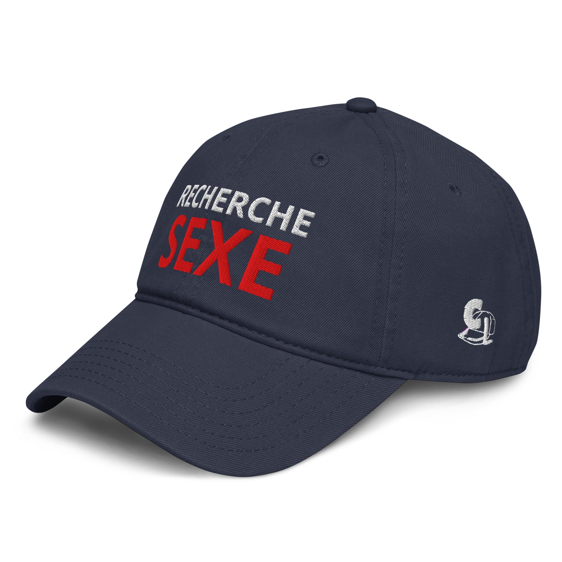 Casquette Baseball, brodée « Recherche SEXE », en Bleu Marine, vue de trois quarts, image 3