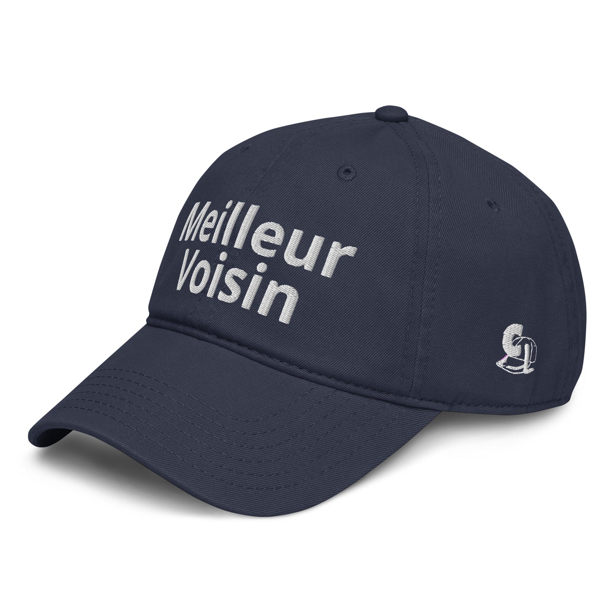 Casquette Baseball, brodée « Meilleur Voisin », en Bleu Marine, vue de trois quarts