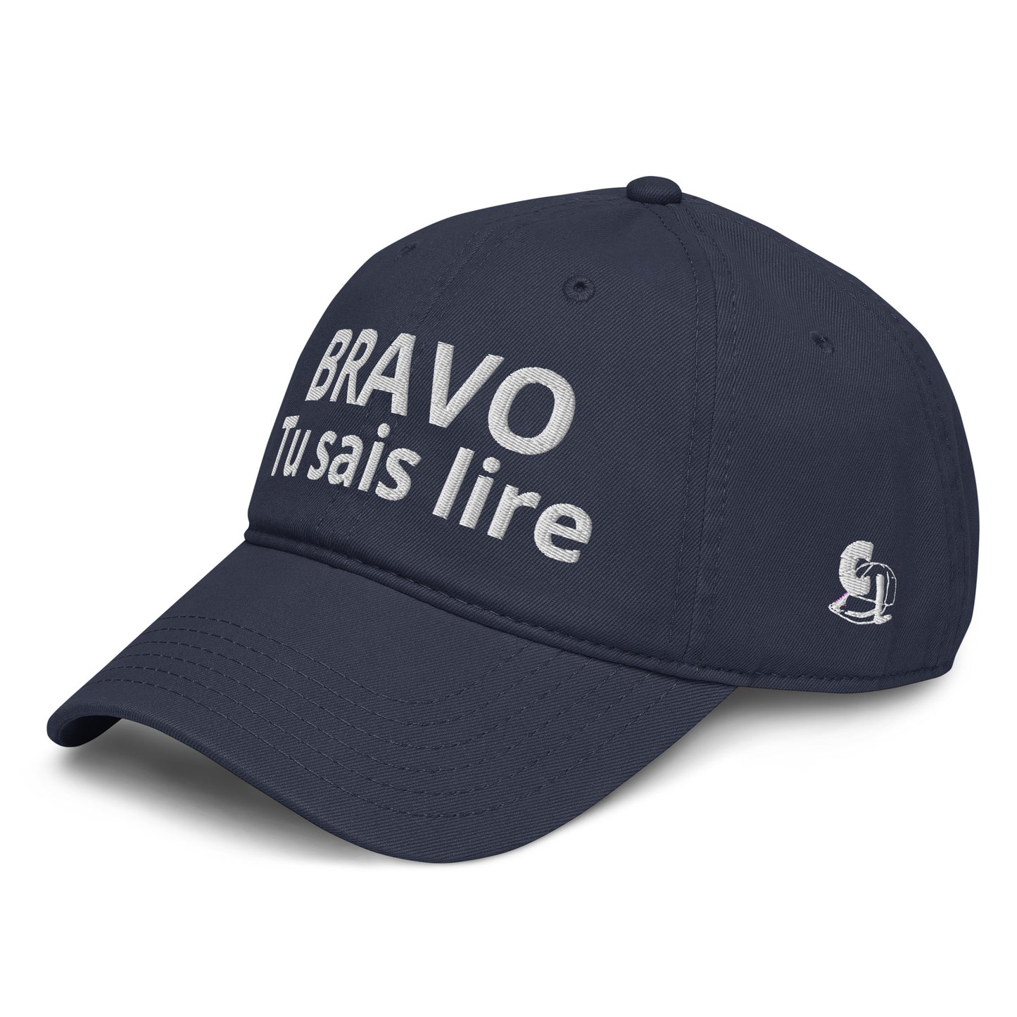 Casquette Baseball, brodée « Bravo tu sais lire », en Bleu Marine, vue de trois quarts, image 4