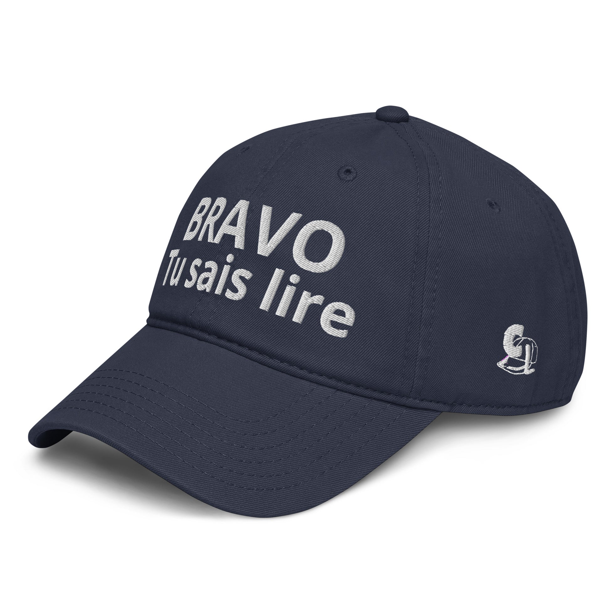 Casquette Baseball, brodée « Bravo tu sais lire », en Bleu Marine, vue de trois quarts, image 4