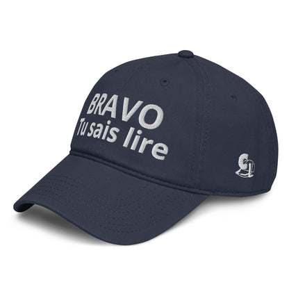 Casquette Baseball, brodée « Bravo tu sais lire », en Bleu Marine, vue de trois quarts, image 4