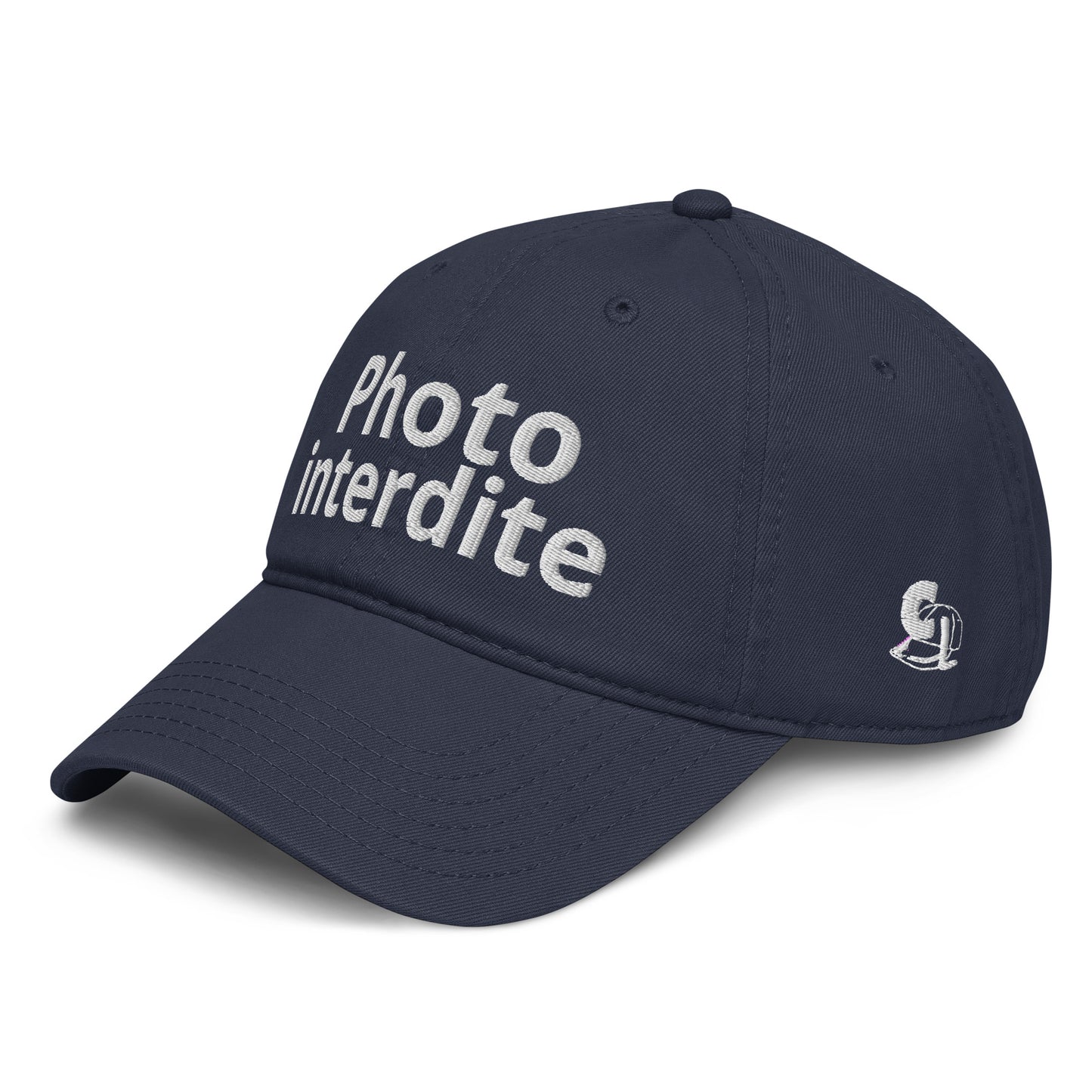 Casquette Baseball, brodée « Photo interdite », en Bleu Marine, vue de trois quarts