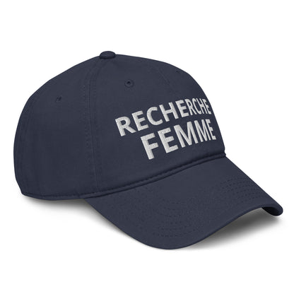 Casquette Baseball, brodée « Recherche Femme », en Bleu Marine, vue de trois quarts, image 14