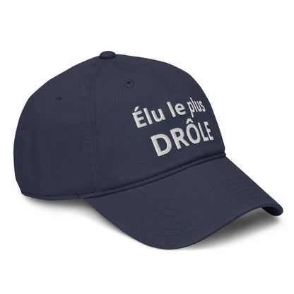 Casquette Baseball, brodée « Élu le plus drôle », en Bleu Marine, vue de trois quarts, image 12
