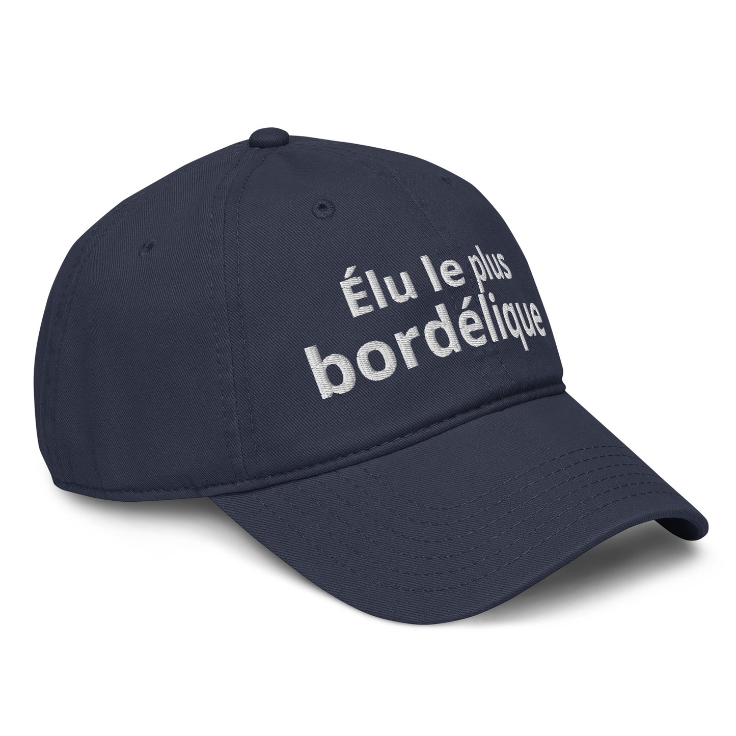 Casquette Baseball, brodée « Élu le plus bordélique », en Bleu Marine, vue de trois quarts, image 12