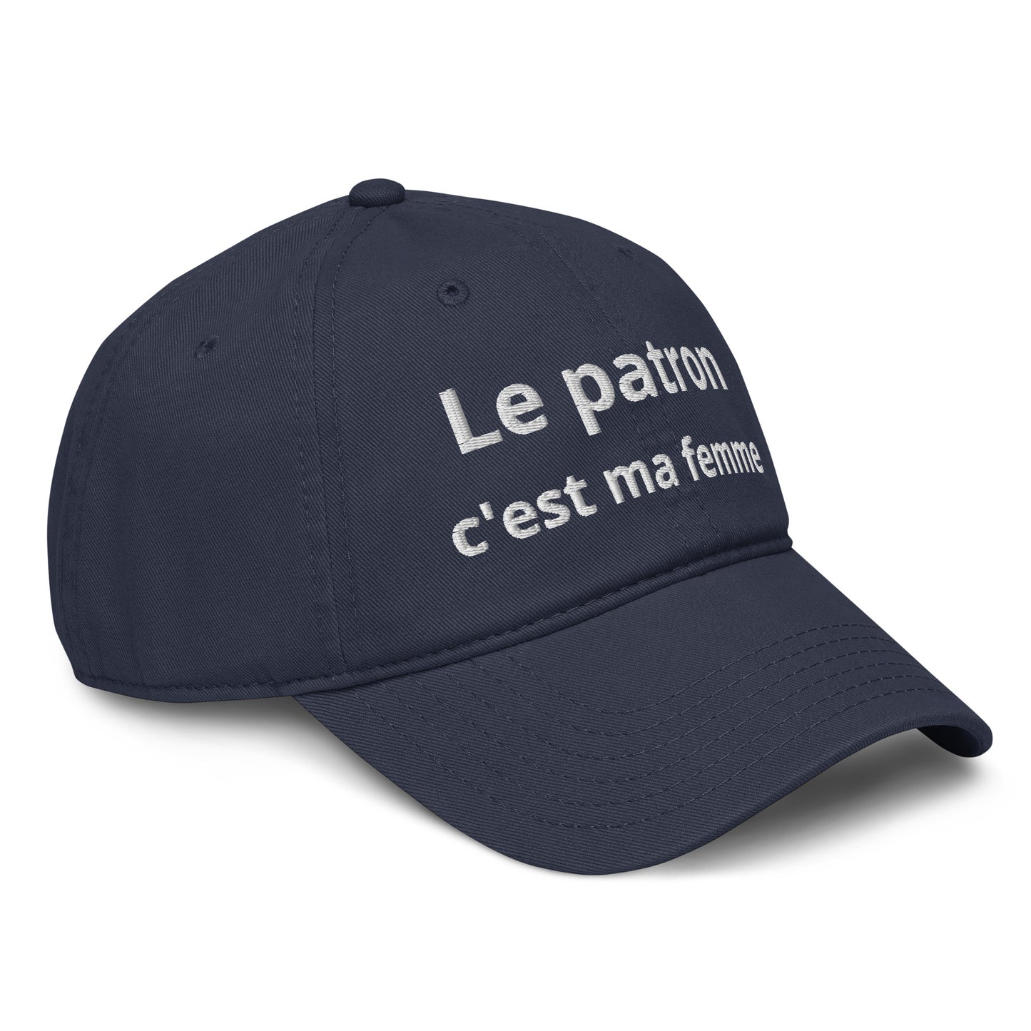 Casquette Baseball, brodée « Le patron c'est ma femme », en Bleu Marine, vue de trois quarts, image 12