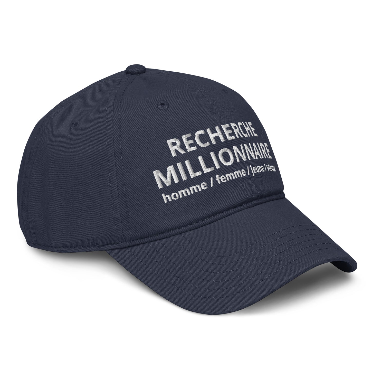 Casquette Baseball, brodée « Recherche Millionnaire », en Bleu Marine, vue de trois quarts, image 12