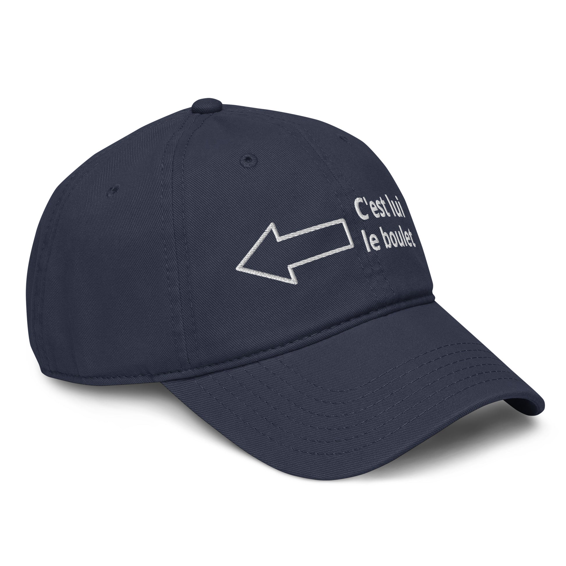 Casquette Baseball, brodée « <= c'est lui le boulet », en Bleu Marine, vue de trois quarts, image 12