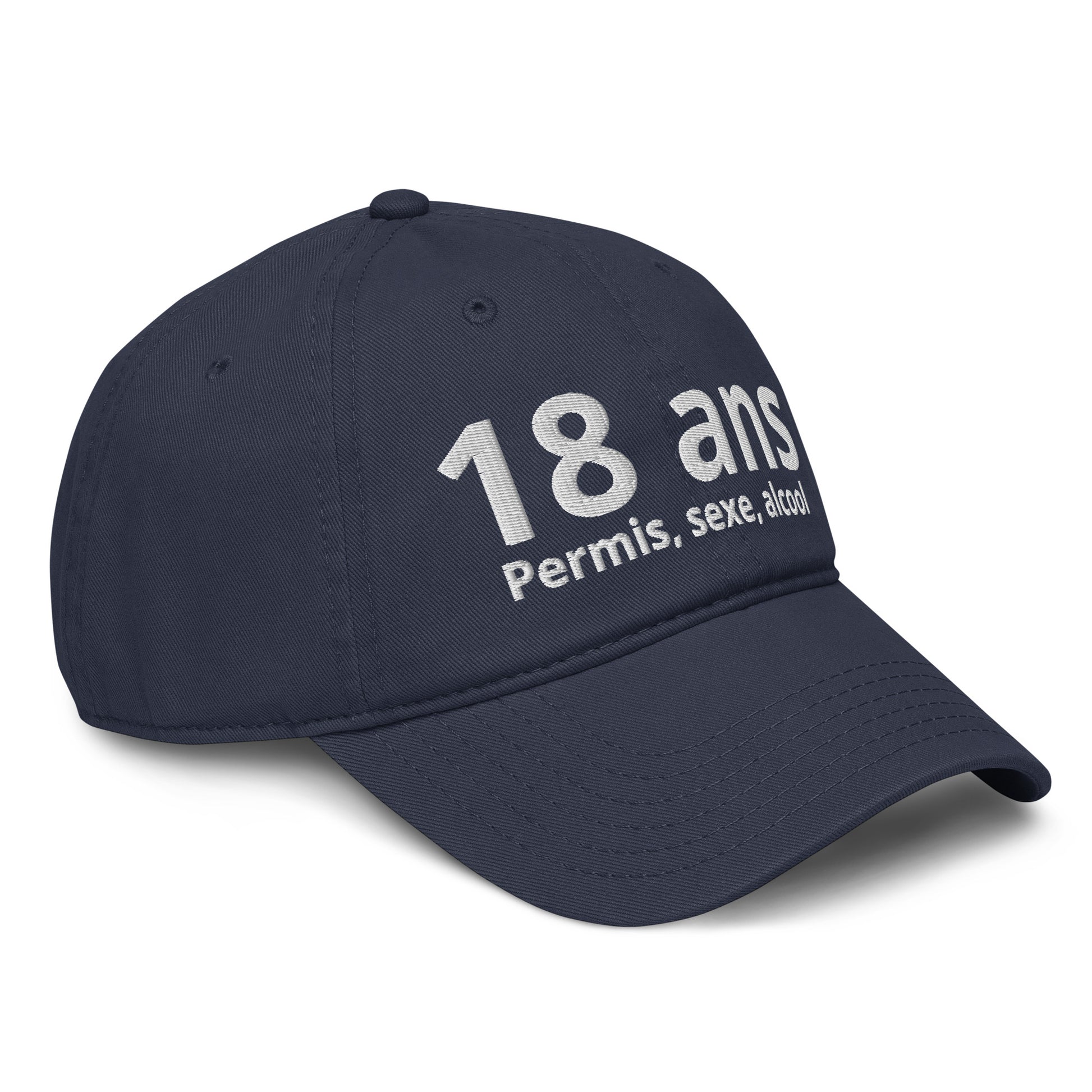 Casquette Baseball, brodée « 18 ans, Permis, sexe, alcool », en Bleu Marine, vue de trois quarts, image 12