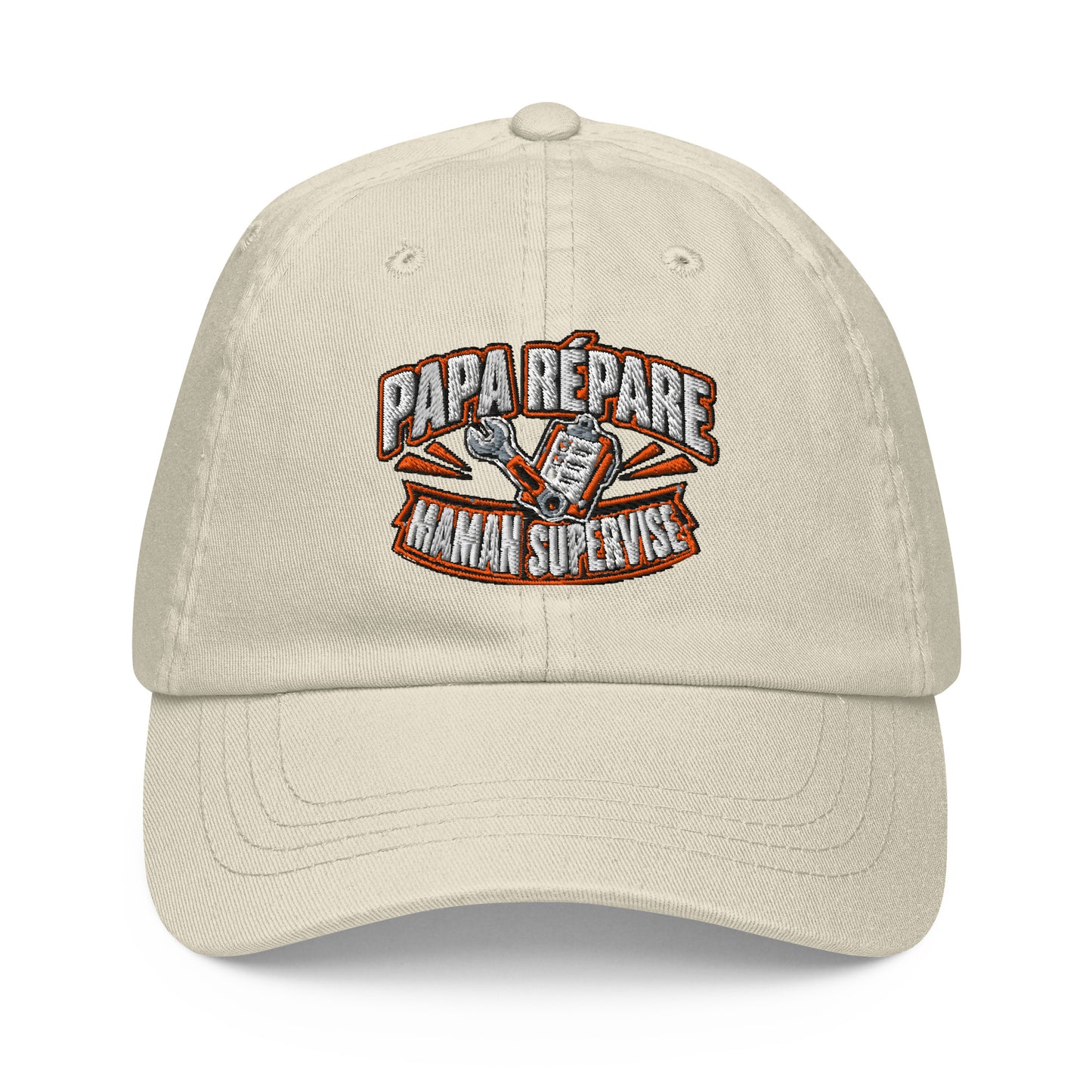 Casquette Baseball, brodée « Papa répare, Maman supervise », en Beige, vue de face, image 3