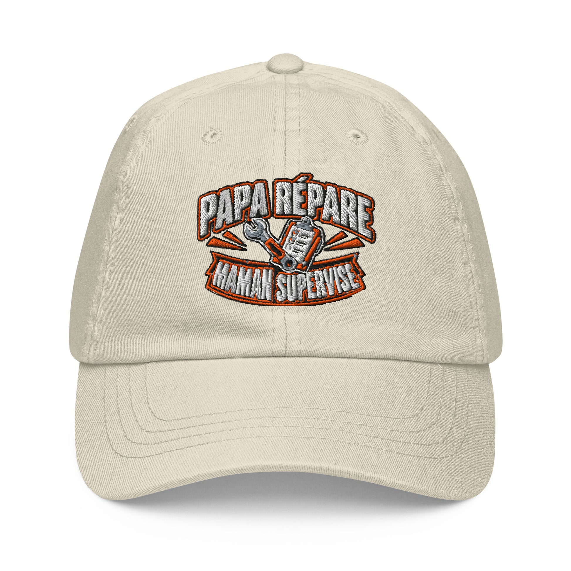 Casquette Baseball, brodée « Papa répare, Maman supervise », en Beige, vue de face, image 3