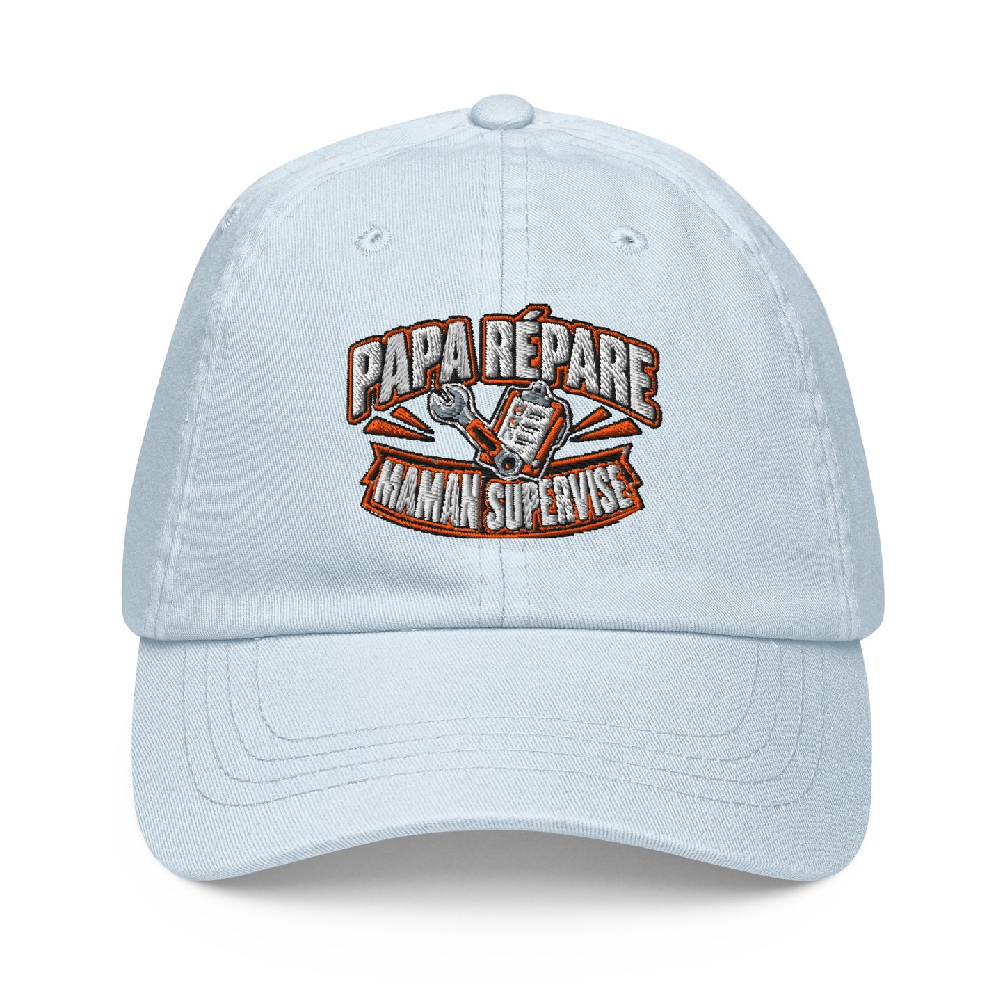 Casquette Baseball, brodée « Papa répare, Maman supervise », en Pastel Blue, vue de face, image 4
