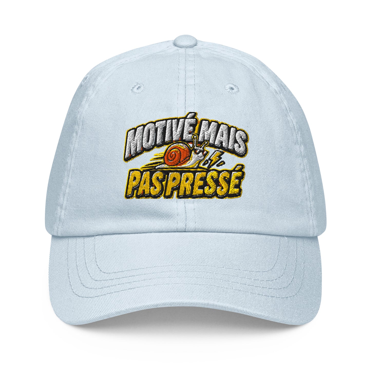 Casquette Baseball, brodée « Motivé mais pas pressé », en Pastel Blue, vue de face, image 3
