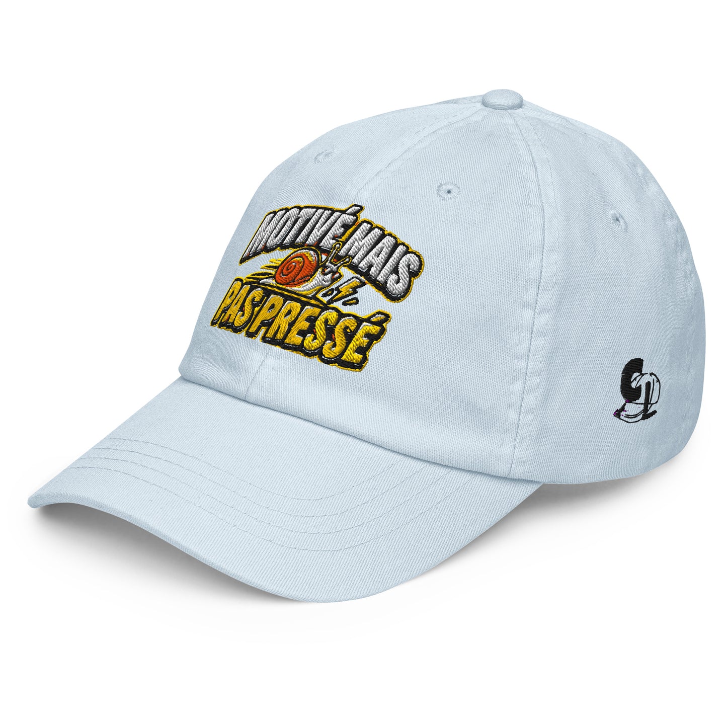 Casquette Baseball, brodée « Motivé mais pas pressé », en Pastel Blue, vue de trois quarts, image 14