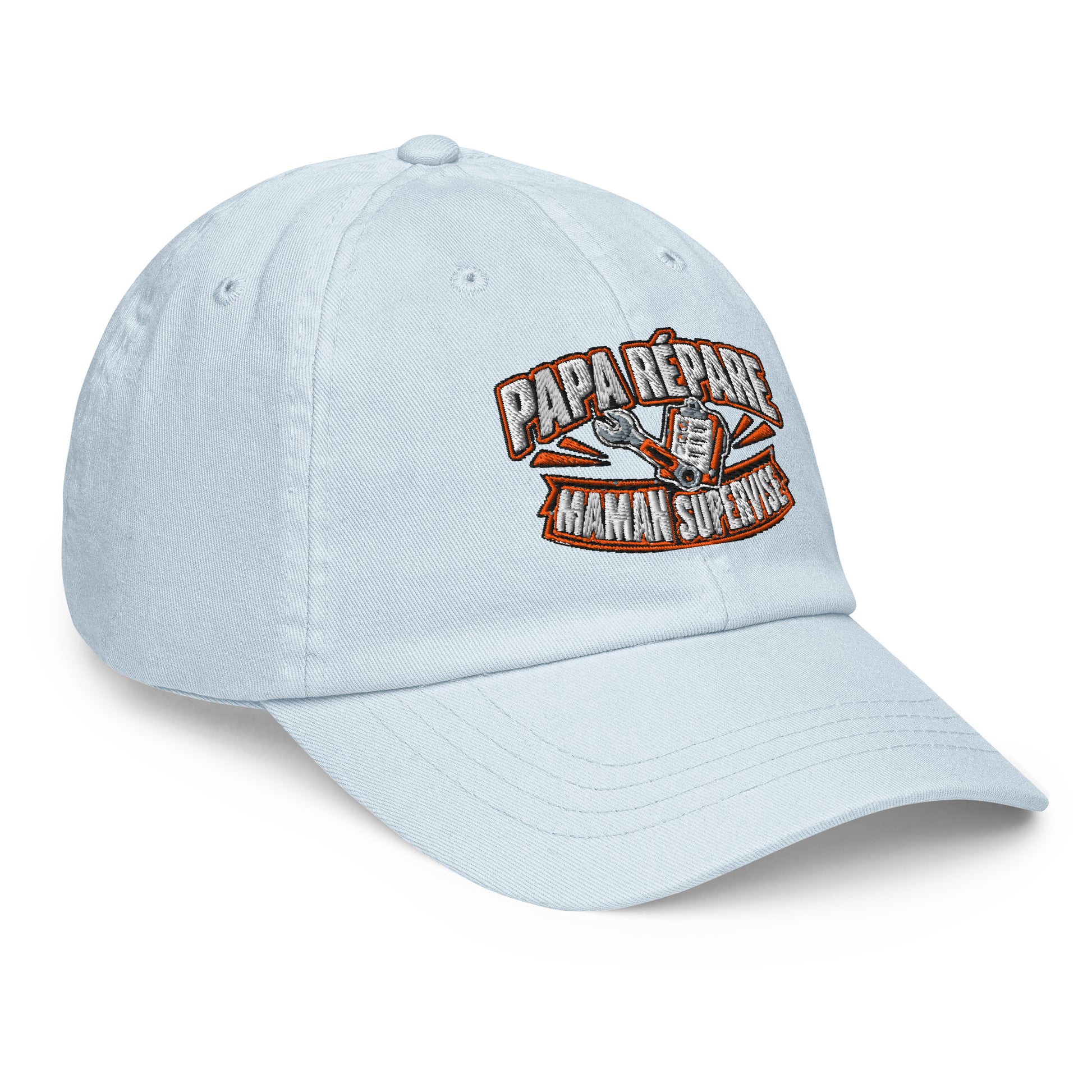Casquette Baseball, brodée « Papa répare, Maman supervise », en Pastel Blue, vue de trois quarts, image 16