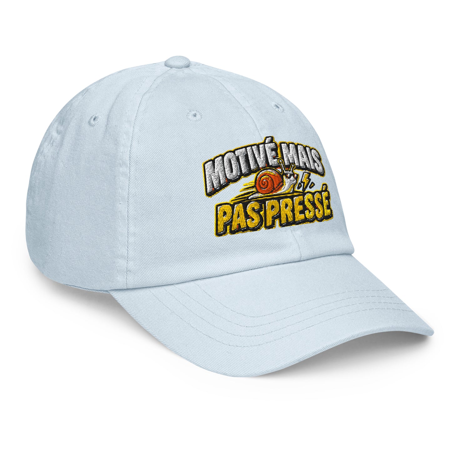 Casquette Baseball, brodée « Motivé mais pas pressé », en Pastel Blue, vue de trois quarts, image 16