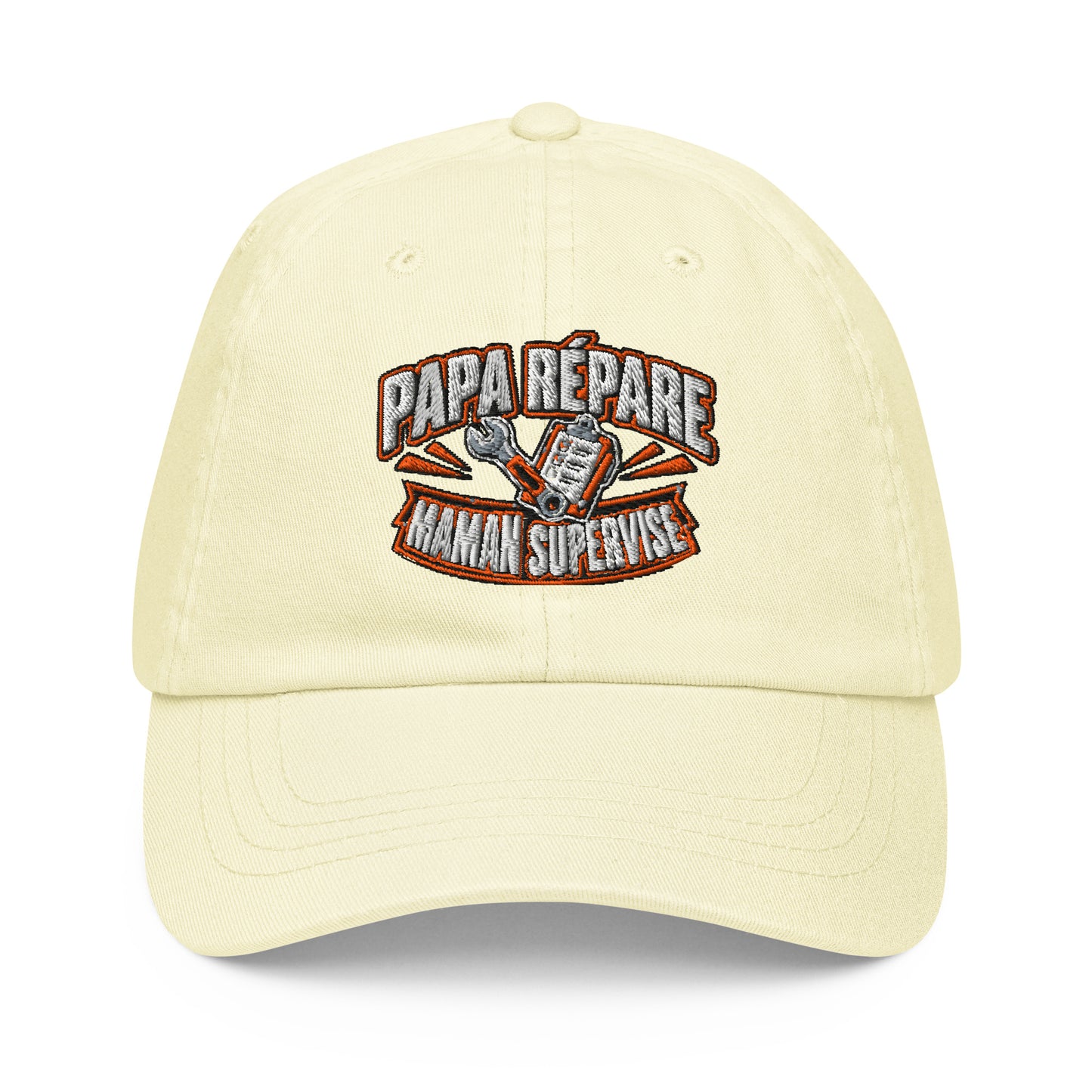 Casquette Baseball, brodée « Papa répare, Maman supervise », en Pastel Lemon, vue de face, image 5