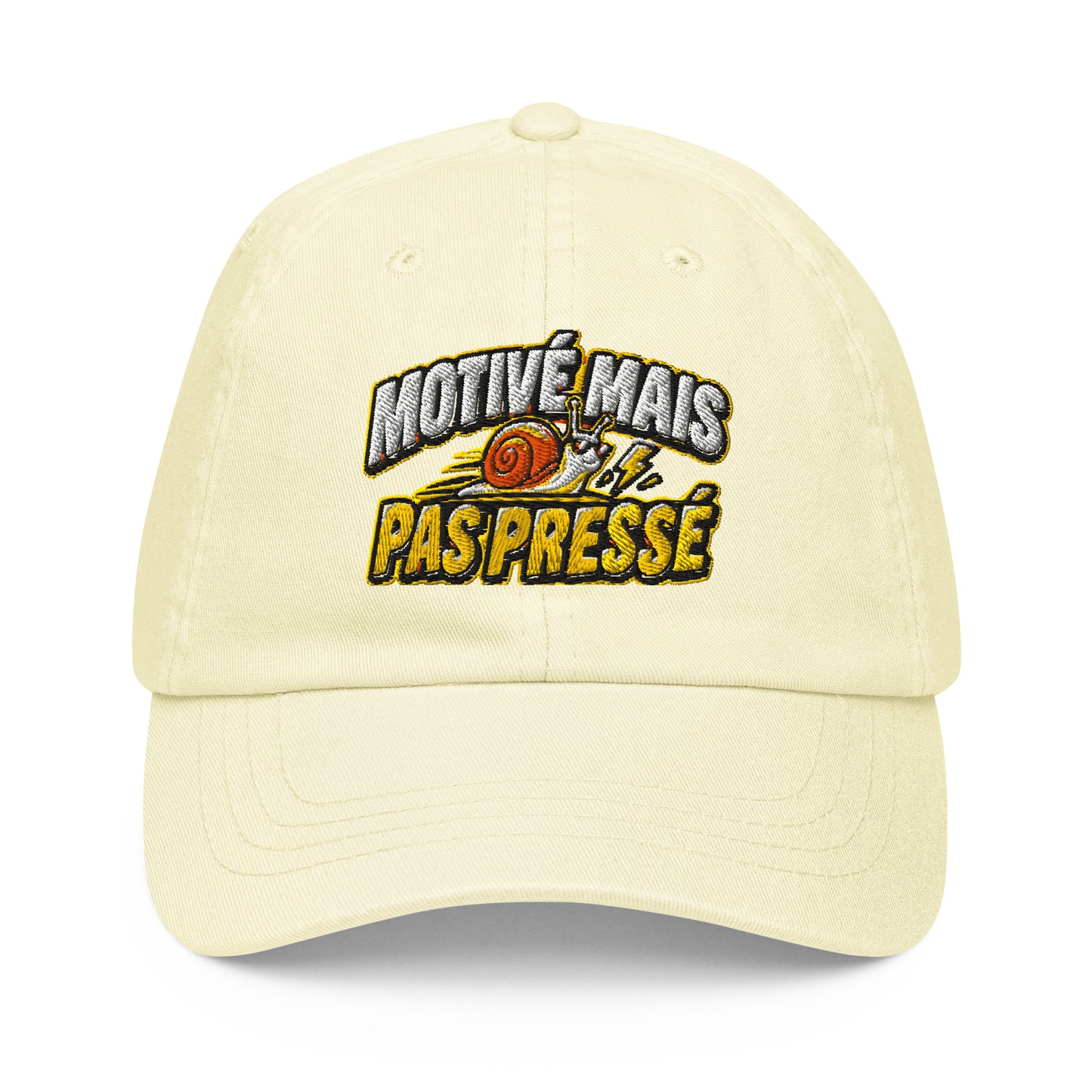 Casquette Baseball, brodée « Motivé mais pas pressé », en Pastel Lemon, vue de face, image 2