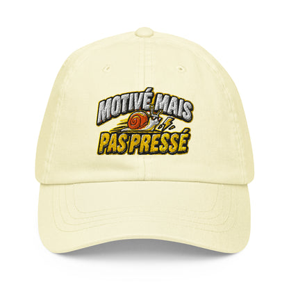 Casquette Baseball, brodée « Motivé mais pas pressé », en Pastel Lemon, vue de face, image 2
