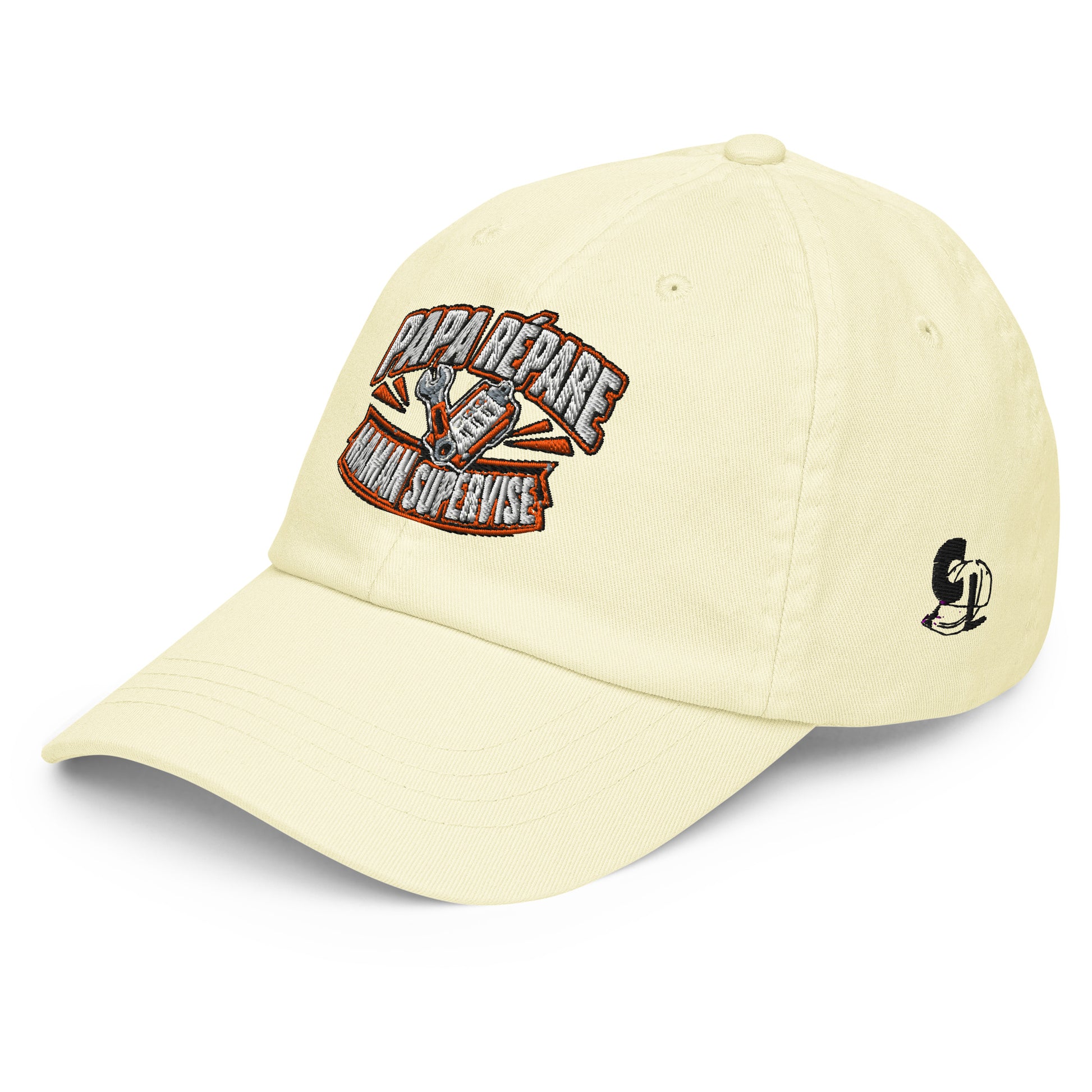 Casquette Baseball, brodée « Papa répare, Maman supervise », en Pastel Lemon, vue de trois quarts