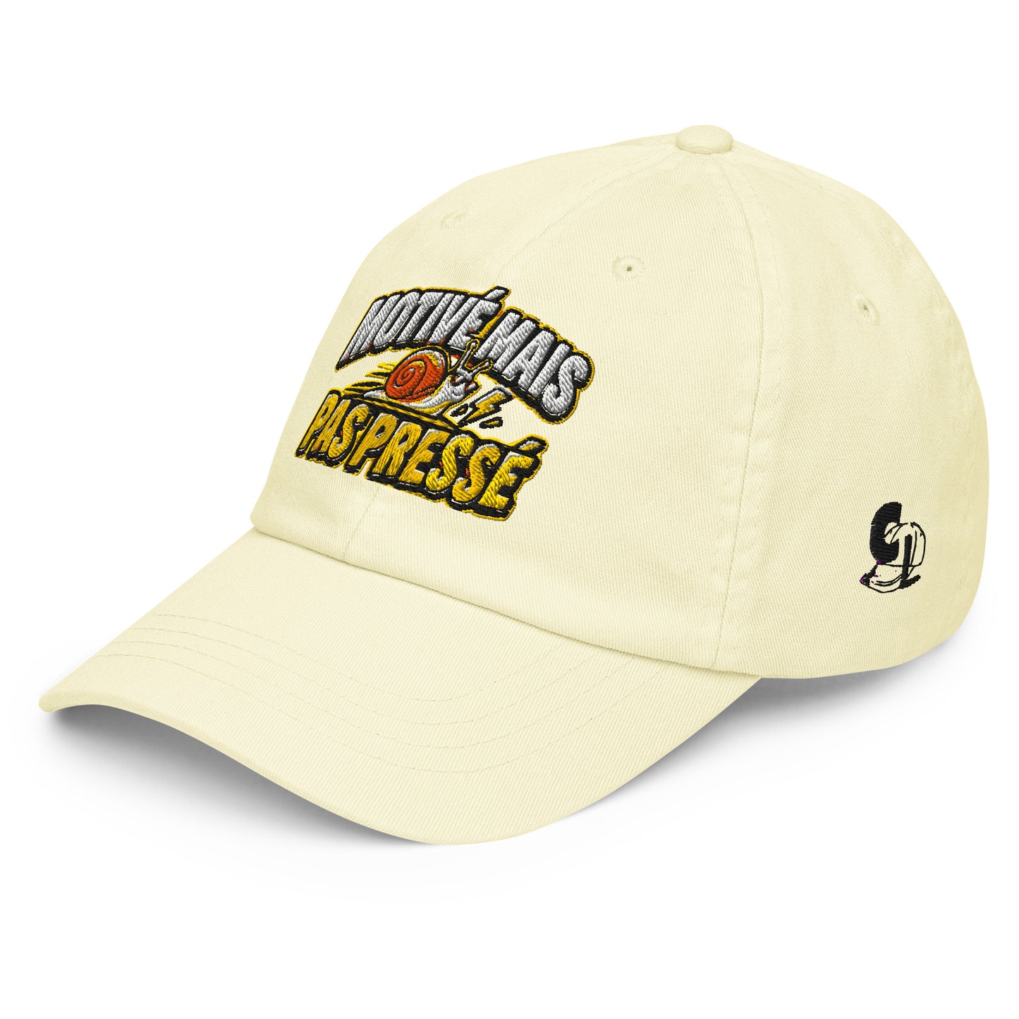 Casquette Baseball, brodée « Motivé mais pas pressé », en Pastel Lemon, vue de trois quarts, image 24
