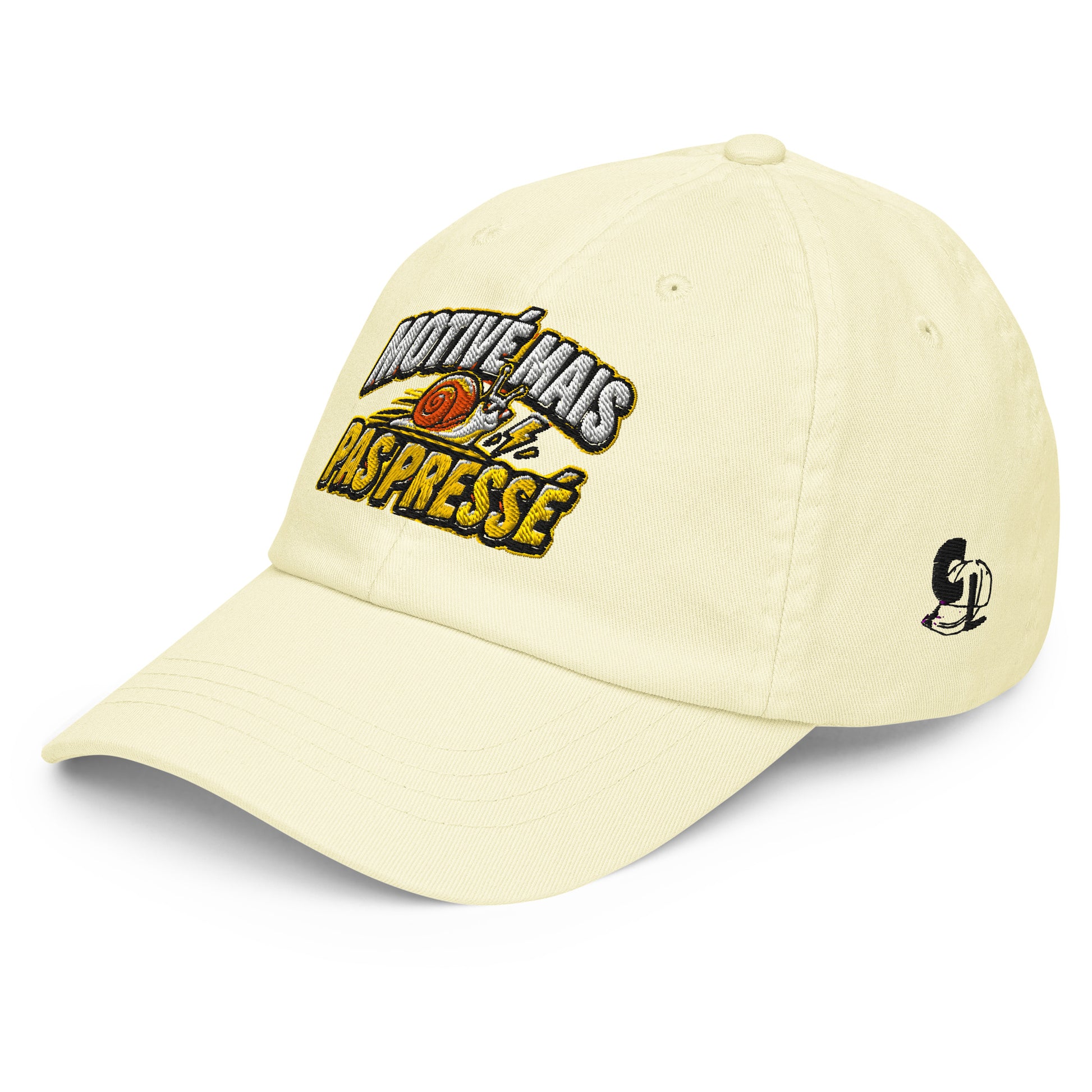 Casquette Baseball, brodée « Motivé mais pas pressé », en Pastel Lemon, vue de trois quarts, image 24