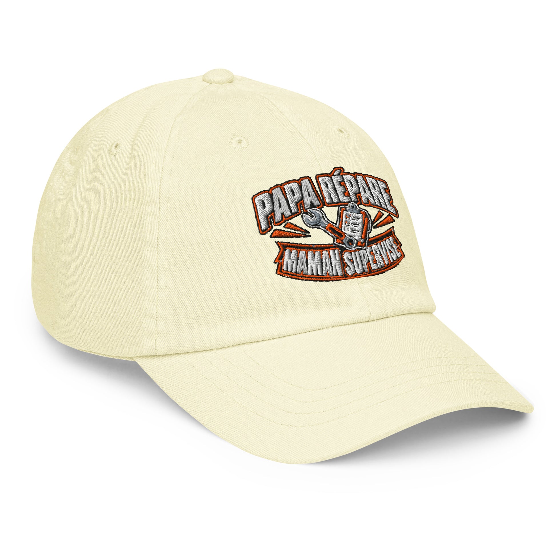 Casquette Baseball, brodée « Papa répare, Maman supervise », en Pastel Lemon, vue de trois quarts, image 25