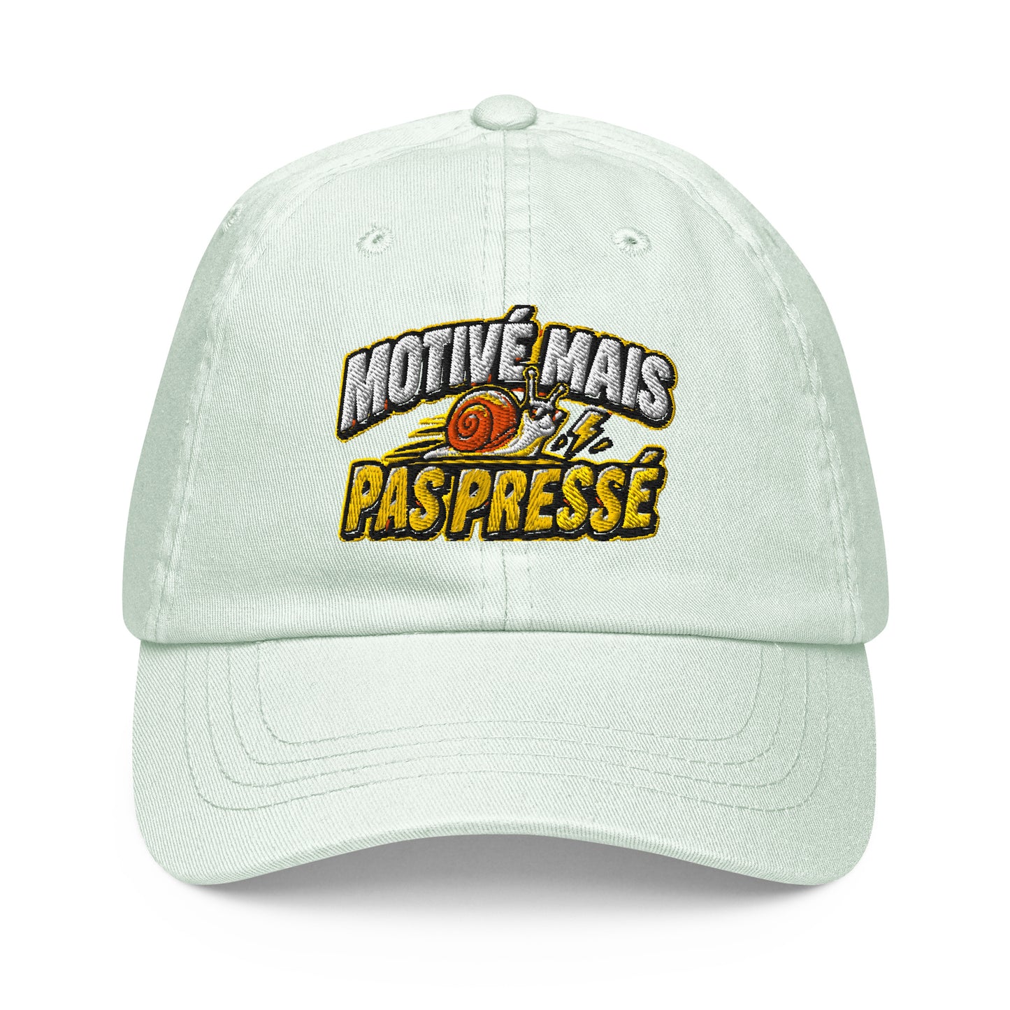 Casquette Baseball, brodée « Motivé mais pas pressé », en Pastel Mint, vue de face, image 5