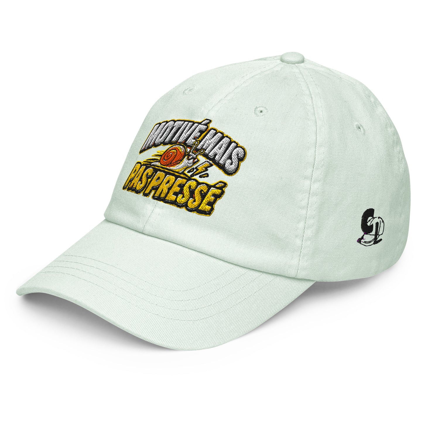 Casquette Baseball, brodée « Motivé mais pas pressé », en Pastel Mint, vue de trois quarts