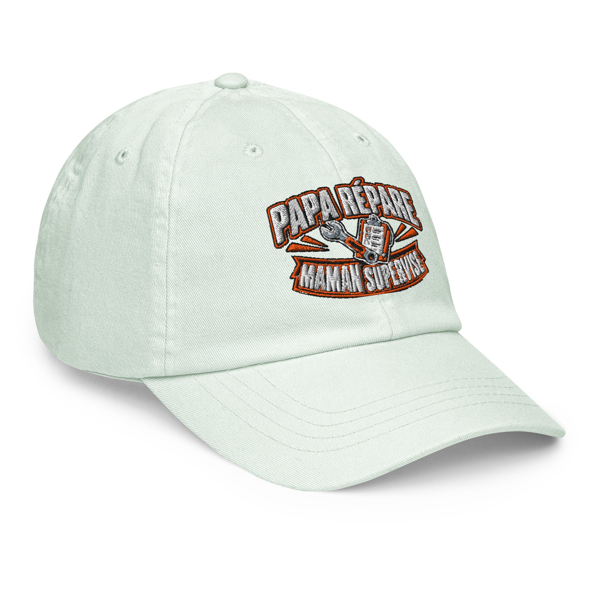 Casquette Baseball, brodée « Papa répare, Maman supervise », en Pastel Mint, vue de trois quarts, image 30