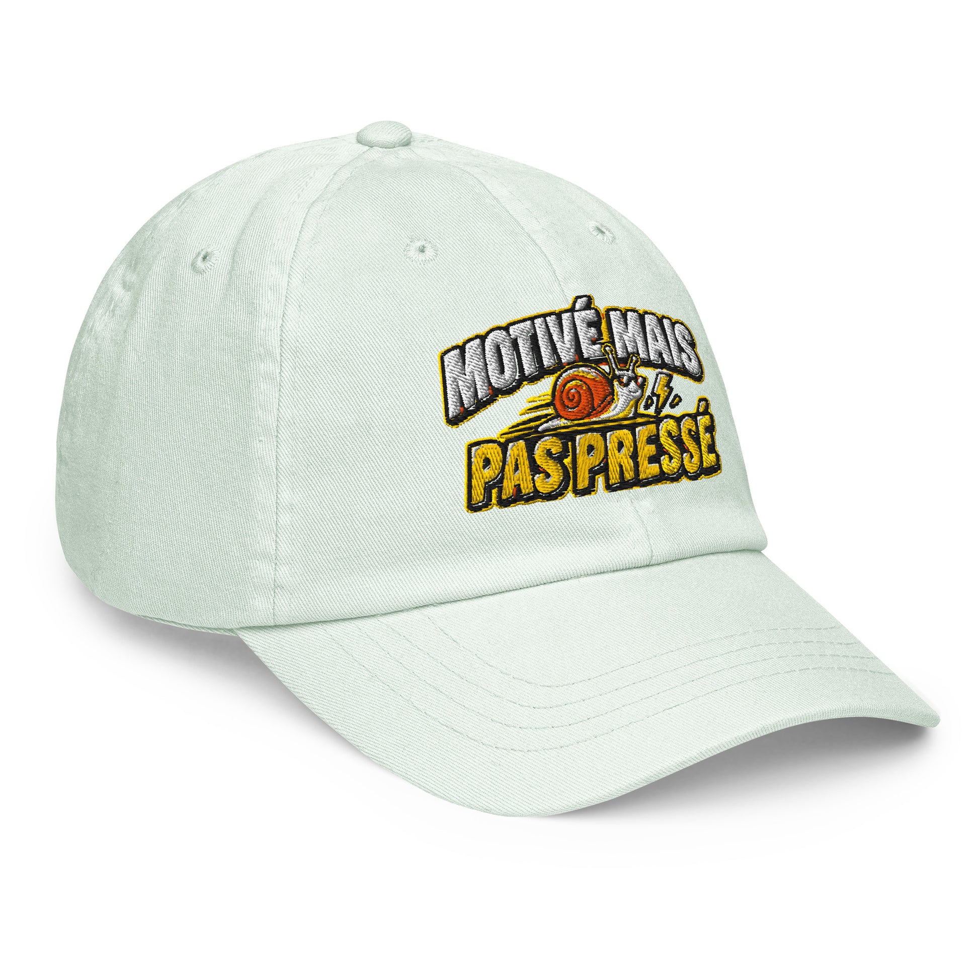 Casquette Baseball, brodée « Motivé mais pas pressé », en Pastel Mint, vue de trois quarts, image 30