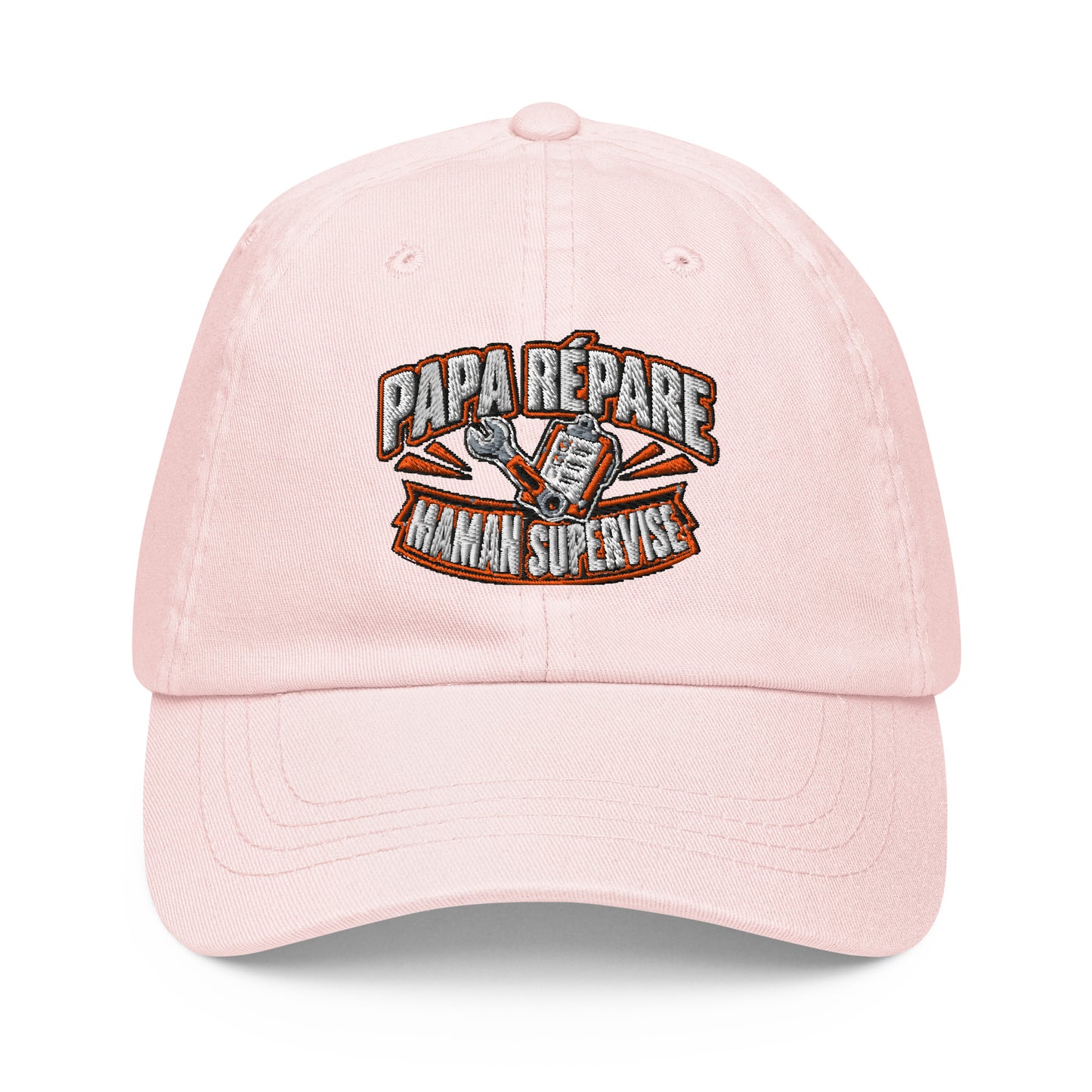 Casquette Baseball, brodée « Papa répare, Maman supervise », en Pastel Pink, vue de face, image 2