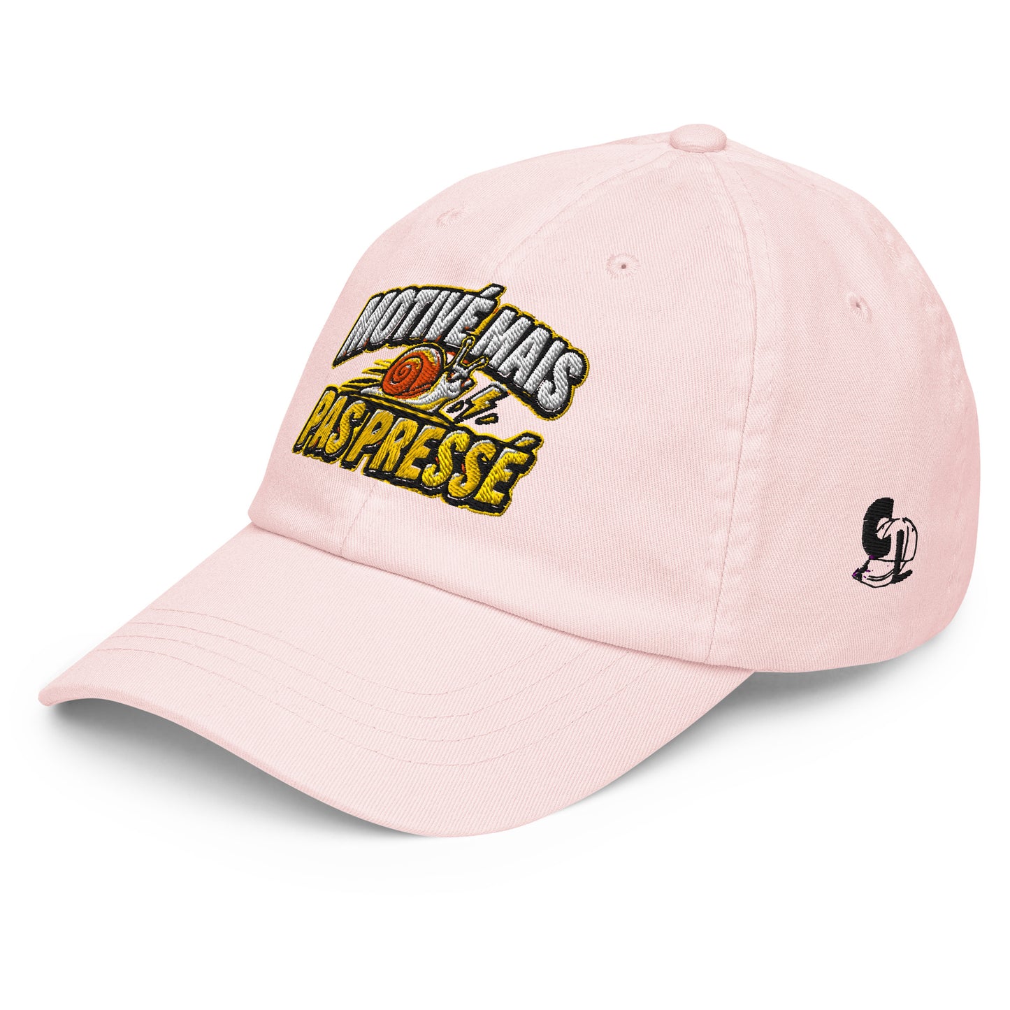 Casquette Baseball, brodée « Motivé mais pas pressé », en Pastel Pink, vue de trois quarts, image 19